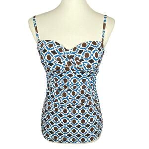 Lands' End Tankini Swim Top Blue Convertible Straps Underwire Geometric Size 4